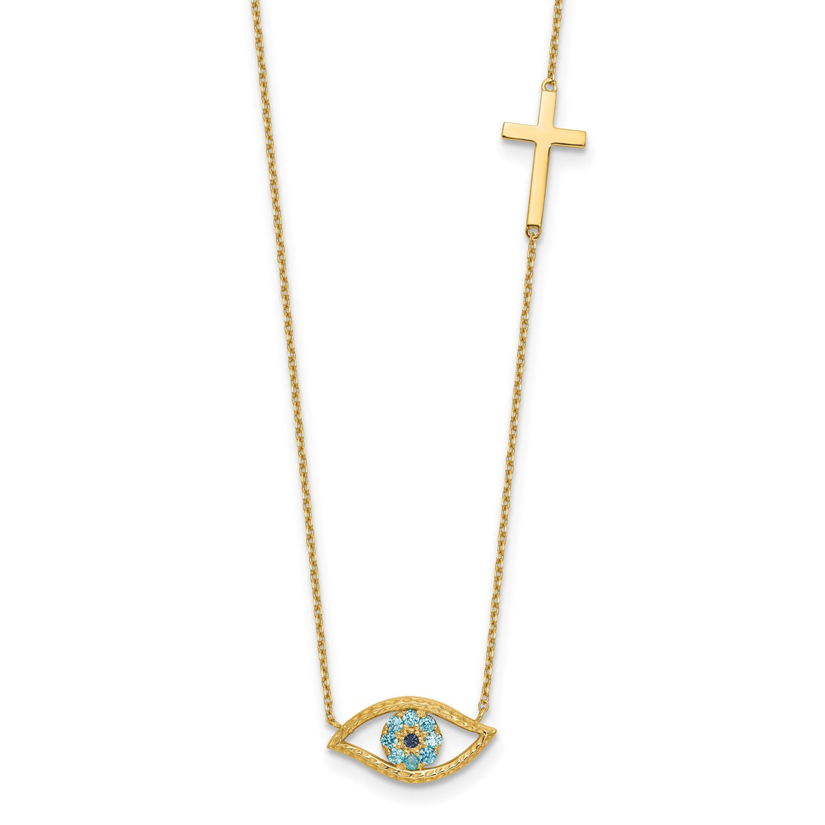 14K Yellow Gold CZ Evil Eye and Cross Pendant Adjustable Necklace, 18" to 20" fine designer jewelry for men and women