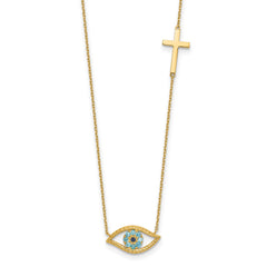 14K Yellow Gold CZ Evil Eye and Cross Pendant Adjustable Necklace, 18" to 20" fine designer jewelry for men and women