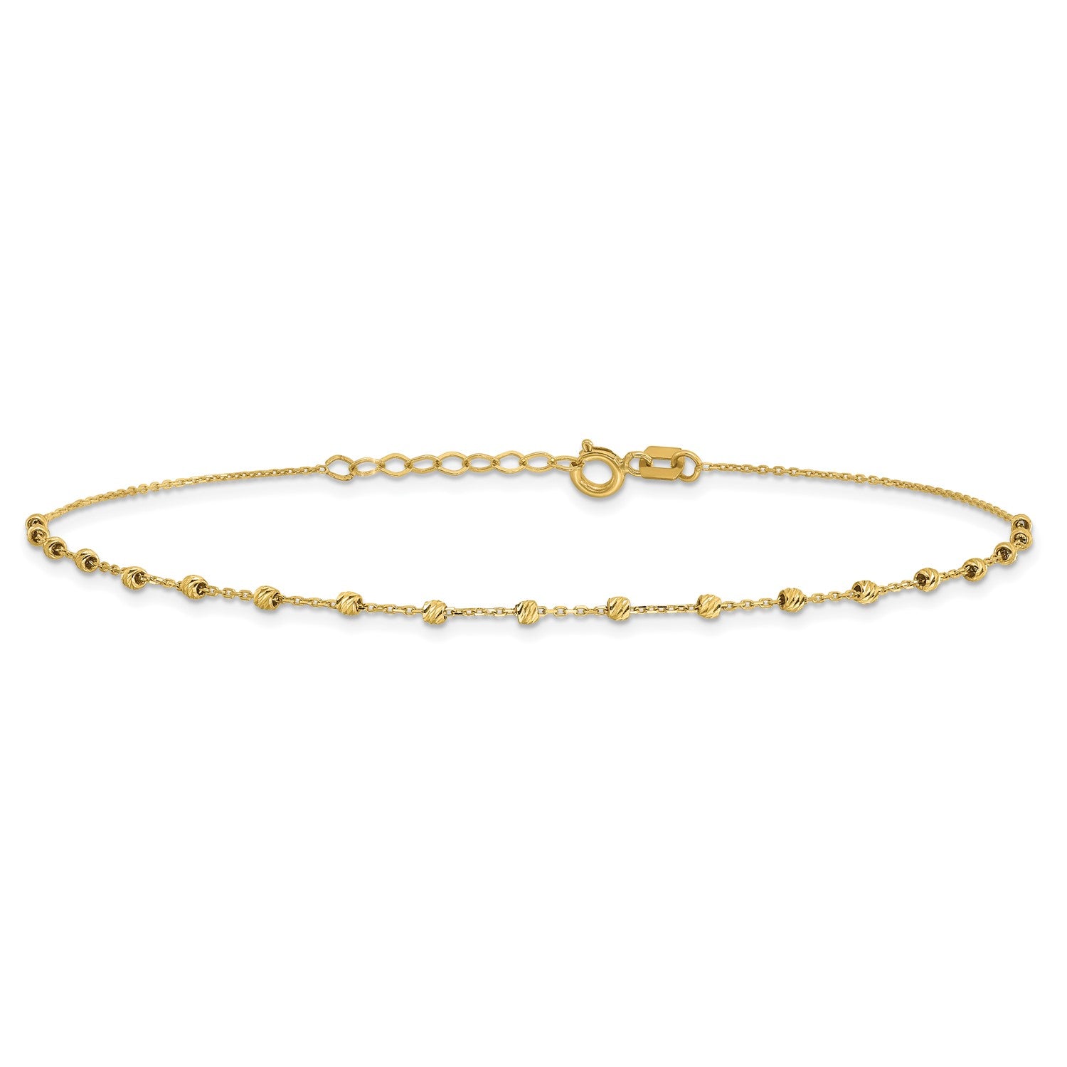 14k Real Yellow Gold High Polished Diamond-cut Beaded Charm 9 to 9.75 Inch Adjustable Anklet fine designer jewelry for men and women