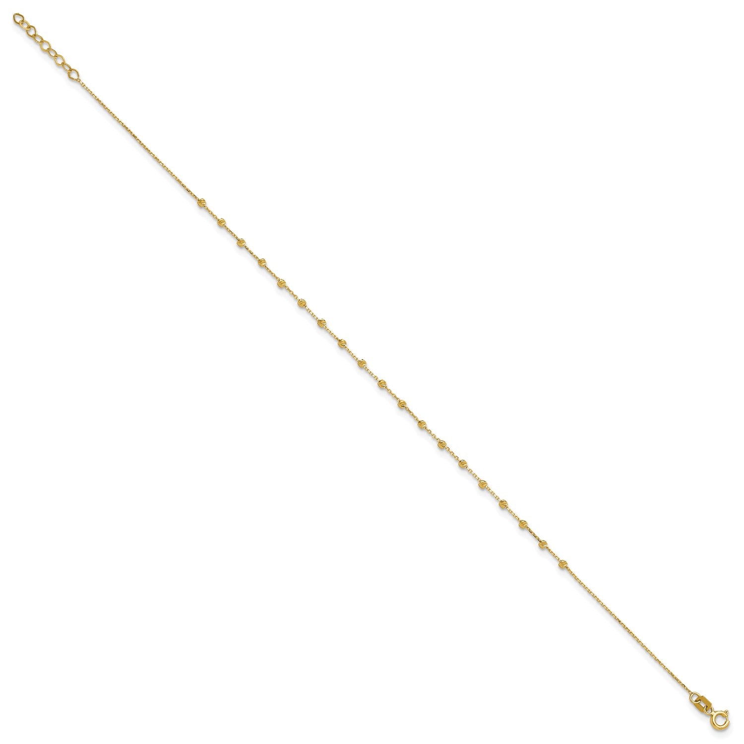 14k Real Yellow Gold High Polished Diamond-cut Beaded Charm 9 to 9.75 Inch Adjustable Anklet fine designer jewelry for men and women