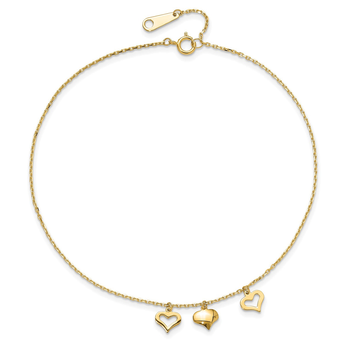 14k Real Yellow Gold 3 Heart Charm 9" to 10" Adjustable Anklet fine designer jewelry for men and women