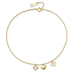 14k Real Yellow Gold 3 Heart Charm 9" to 10" Adjustable Anklet fine designer jewelry for men and women