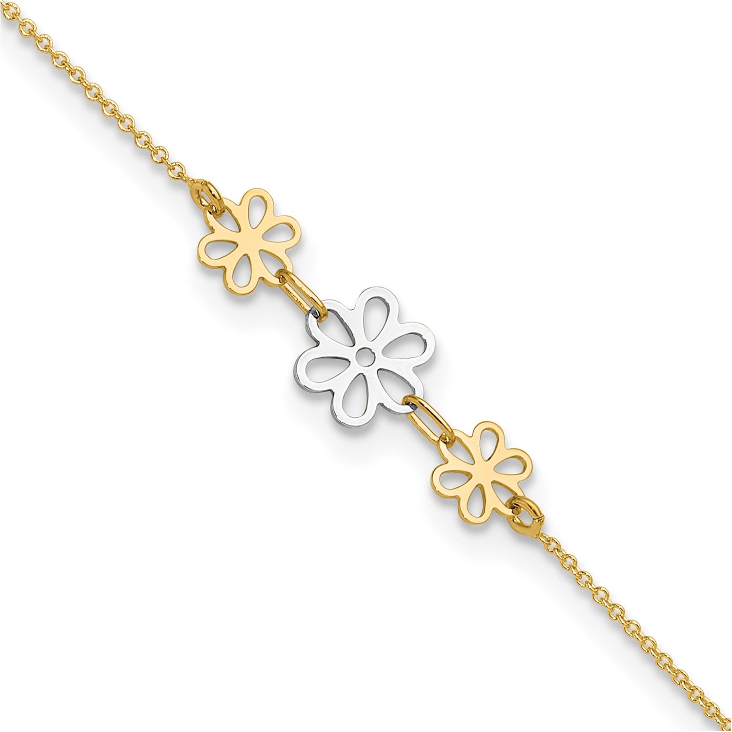 14k Real Two-tone Yellow Gold Three Flower Charm Adjustable Anklet, 9 Inches to 10 Inches fine designer jewelry for men and women