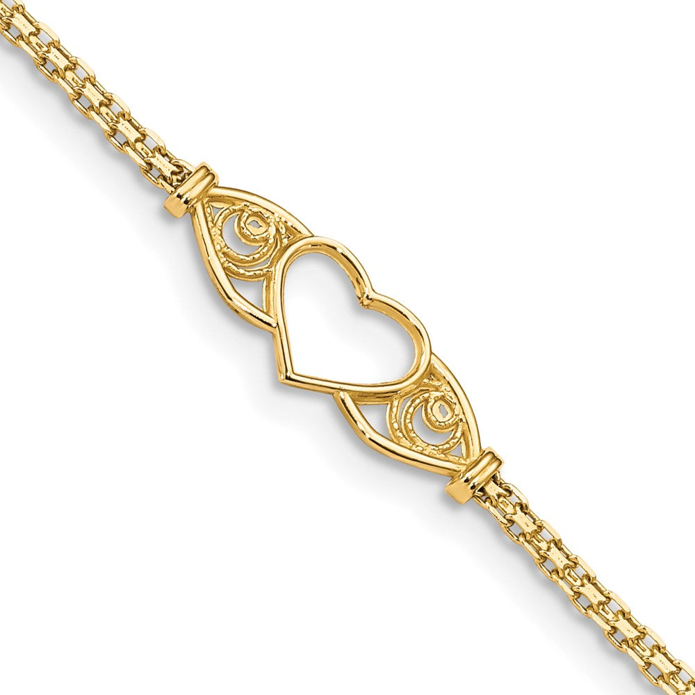 14k Real Yellow Gold High Polished Heart Charm Anklet, 10" fine designer jewelry for men and women