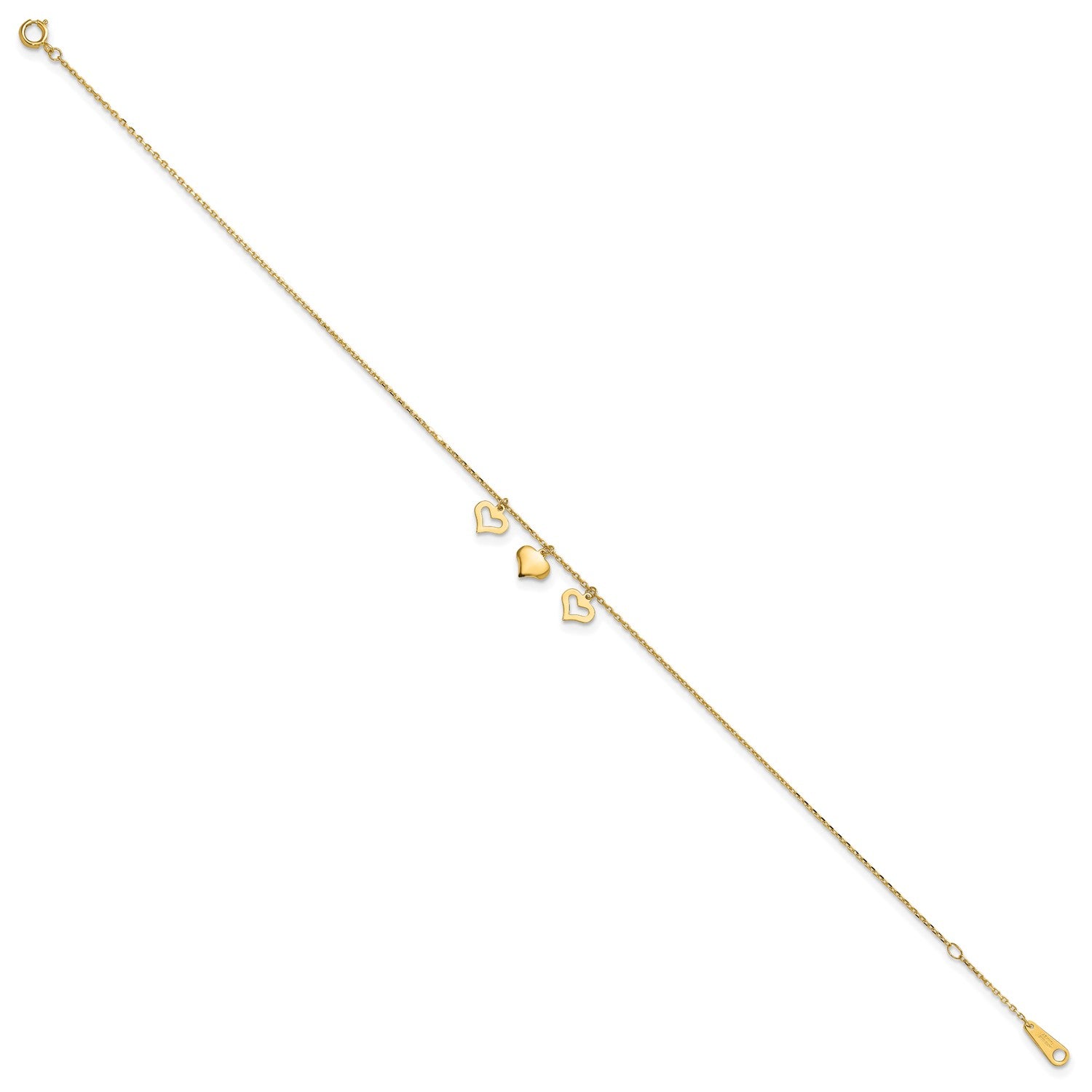 14k Real Yellow Gold 3 Heart Charm 9" to 10" Adjustable Anklet fine designer jewelry for men and women