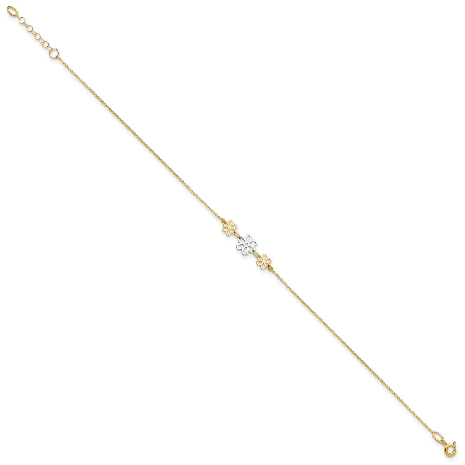 14k Real Two-tone Yellow Gold Three Flower Charm Adjustable Anklet, 9 Inches to 10 Inches fine designer jewelry for men and women