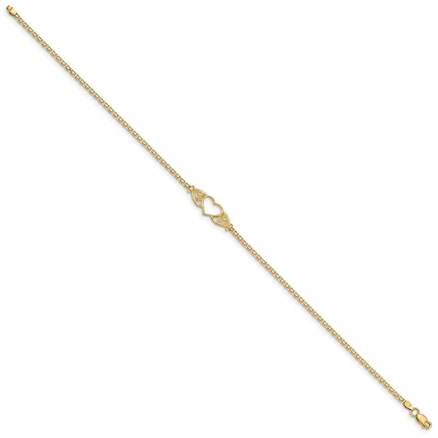 14k Real Yellow Gold High Polished Heart Charm Anklet, 10" fine designer jewelry for men and women