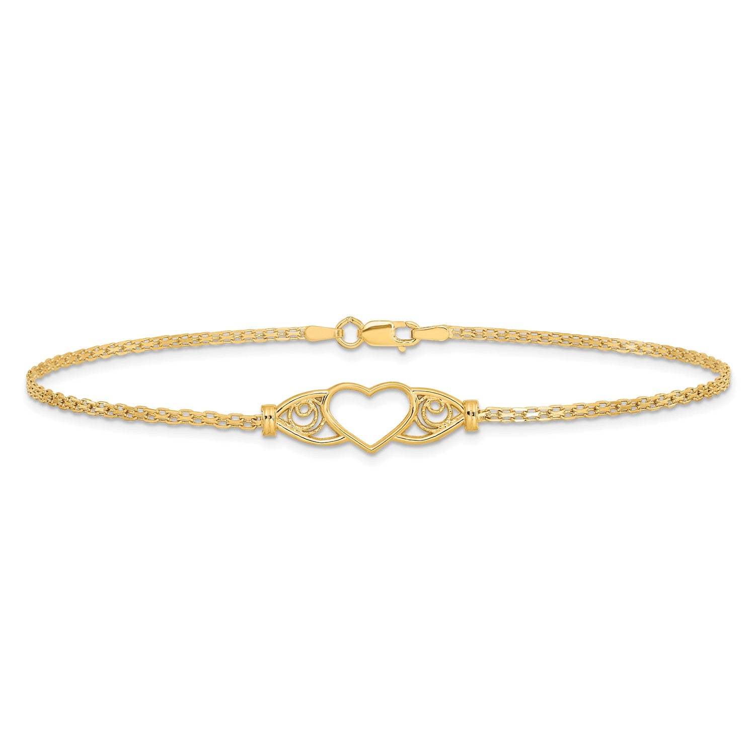 14k Real Yellow Gold High Polished Heart Charm Anklet, 10" fine designer jewelry for men and women