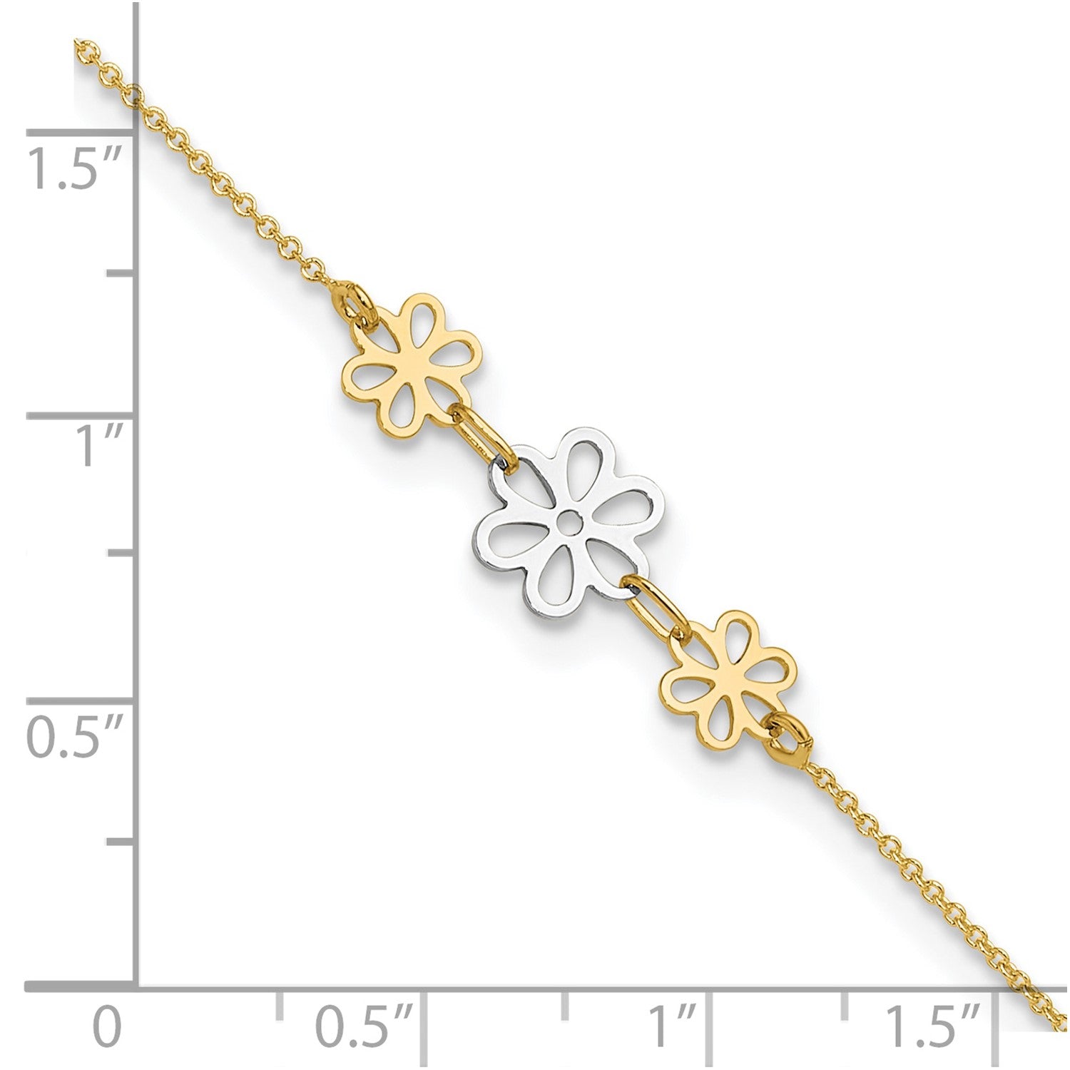 14k Real Two-tone Yellow Gold Three Flower Charm Adjustable Anklet, 9 Inches to 10 Inches fine designer jewelry for men and women