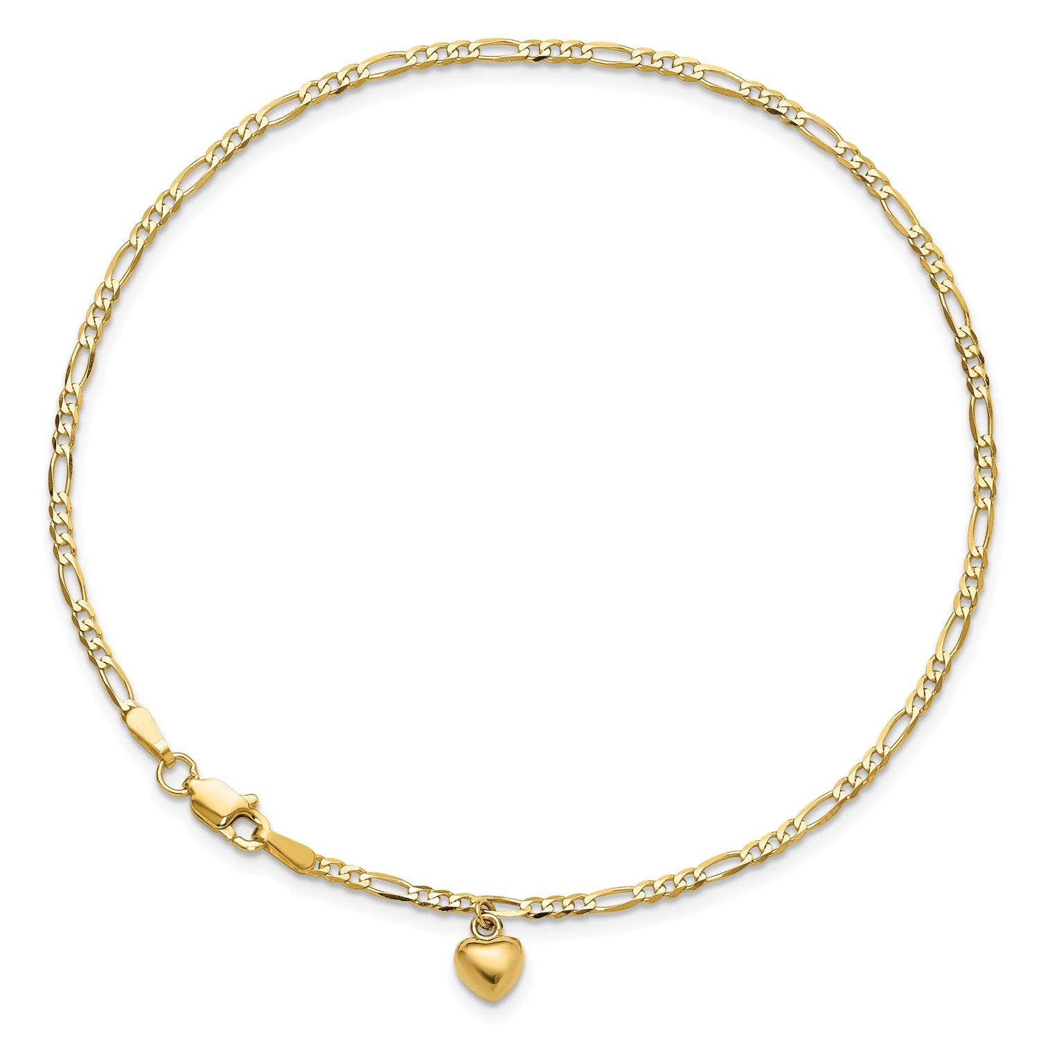 14K Real Solid Gold Figaro Link Chain Anklet with Dangling Heart Charm fine designer jewelry for men and women