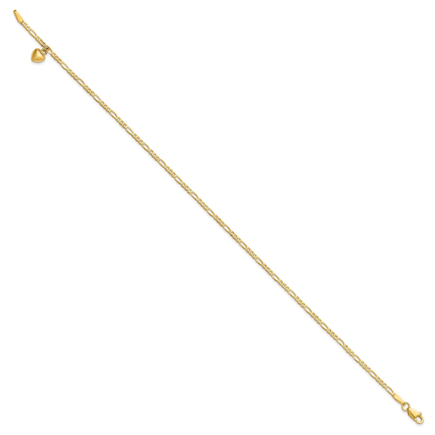 14K Real Solid Gold Figaro Link Chain Anklet with Dangling Heart Charm fine designer jewelry for men and women