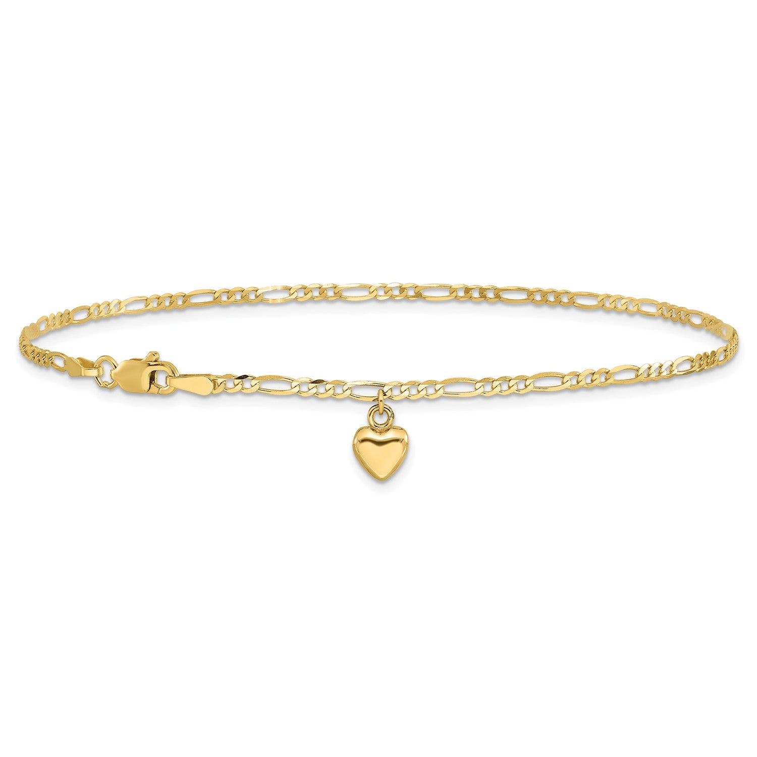 14K Real Solid Gold Figaro Link Chain Anklet with Dangling Heart Charm fine designer jewelry for men and women