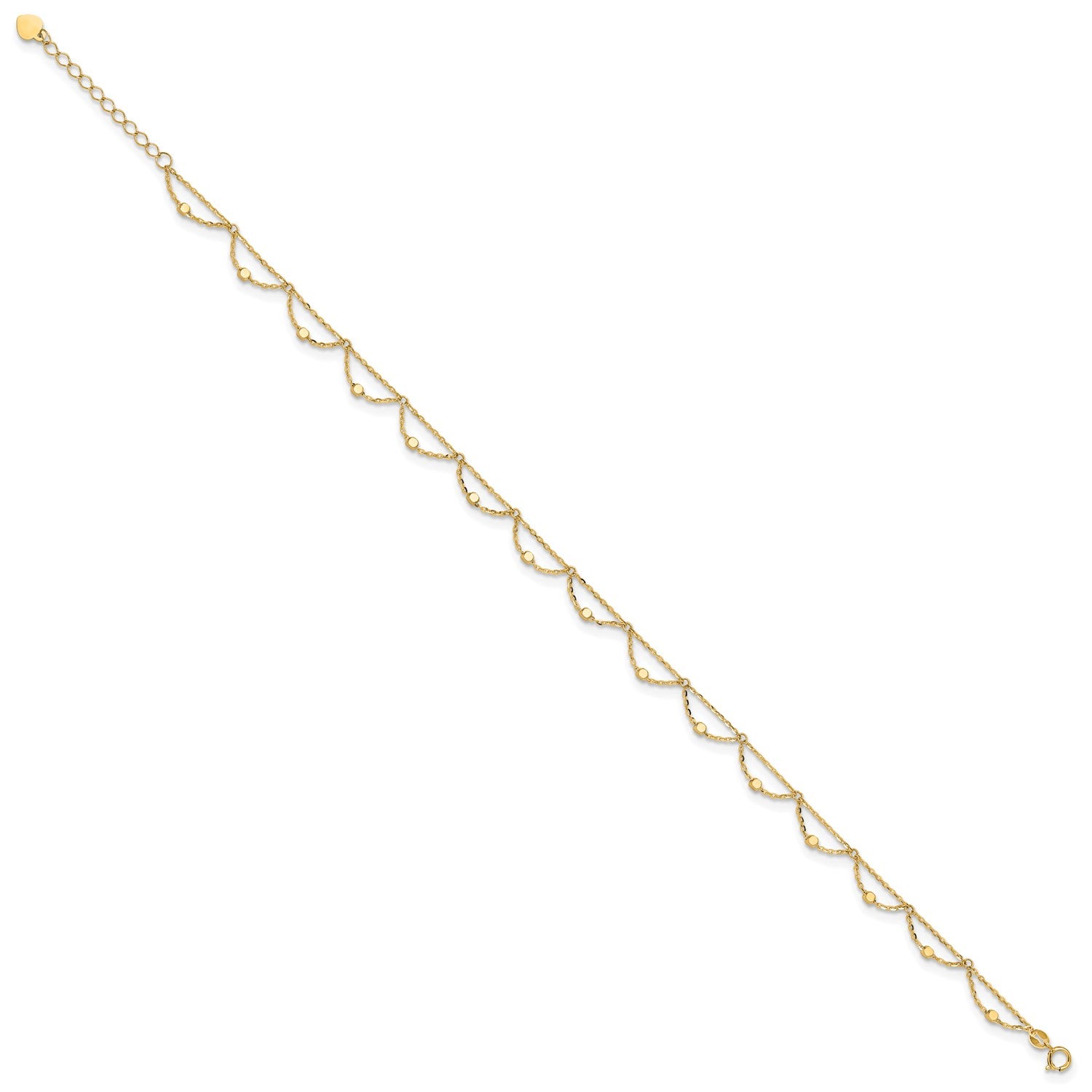 14k Real Yellow Gold High Polished and Diamond-cut Fancy Anklet, 10" Adjustable to 11.5" fine designer jewelry for men and women