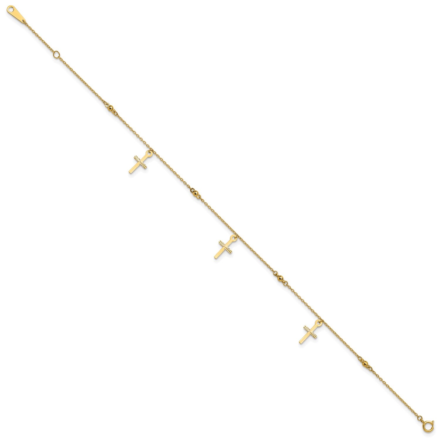 14k Real Yellow Gold High Polished and Diamond-cut Cross Anklet, 9" to 11" Adjustable fine designer jewelry for men and women