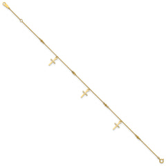 14k Real Yellow Gold High Polished and Diamond-cut Cross Anklet, 9" to 11" Adjustable fine designer jewelry for men and women