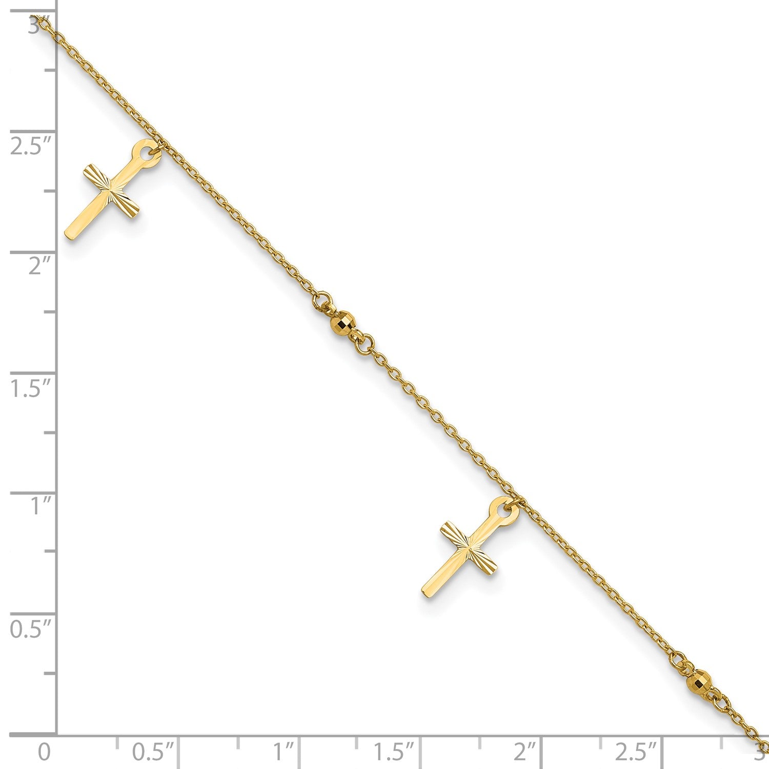 14k Real Yellow Gold High Polished and Diamond-cut Cross Anklet, 9" to 11" Adjustable fine designer jewelry for men and women