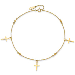 14k Real Yellow Gold High Polished and Diamond-cut Cross Anklet, 9" to 11" Adjustable fine designer jewelry for men and women