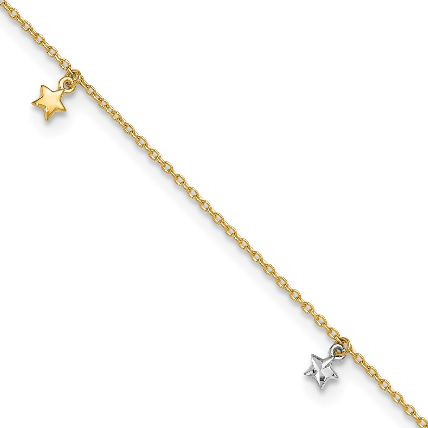 14K Two-tone Solid Gold High Polished Diamond-cut Star Charm Adjustable Anklet.,10" fine designer jewelry for men and women