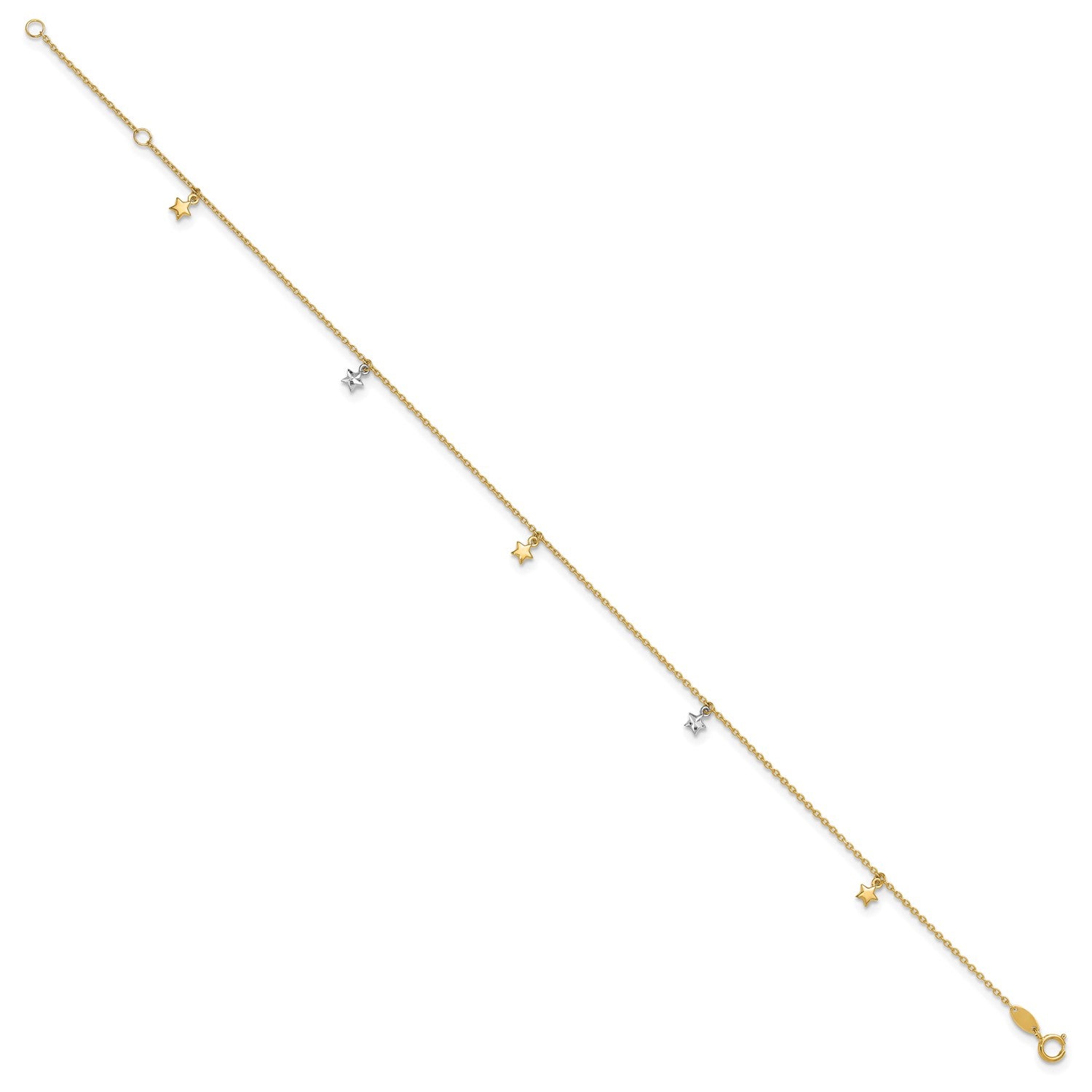 14K Two-tone Solid Gold High Polished Diamond-cut Star Charm Adjustable Anklet.,10" fine designer jewelry for men and women