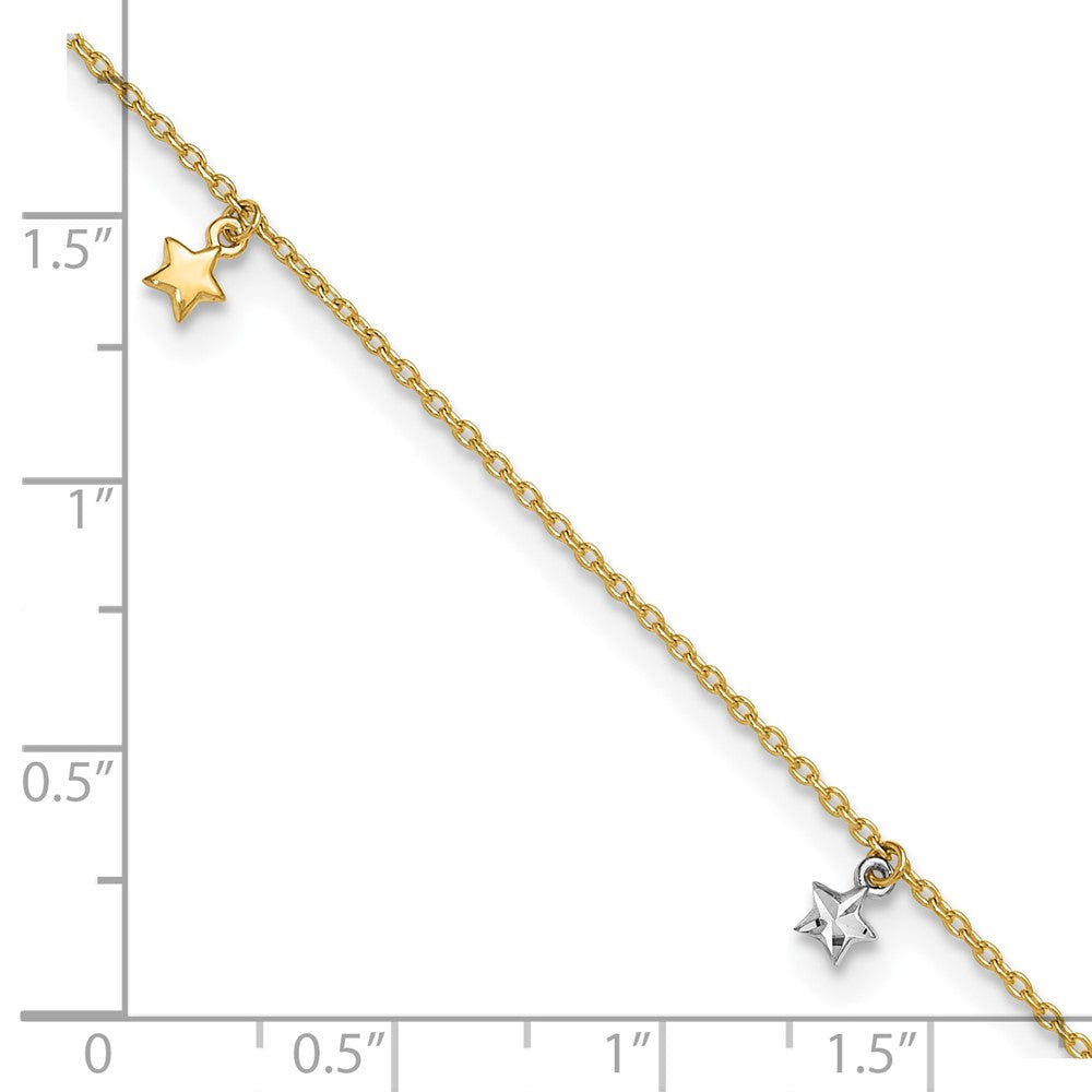 14K Two-tone Solid Gold High Polished Diamond-cut Star Charm Adjustable Anklet.,10" fine designer jewelry for men and women