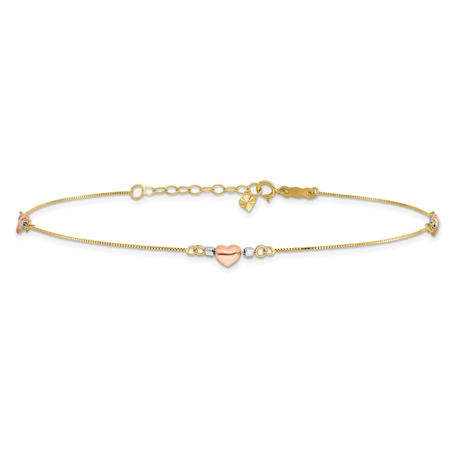 14k Tri-Color Gold Puffed Heart Charms Anklet, Adjustable 9" to 10" fine designer jewelry for men and women