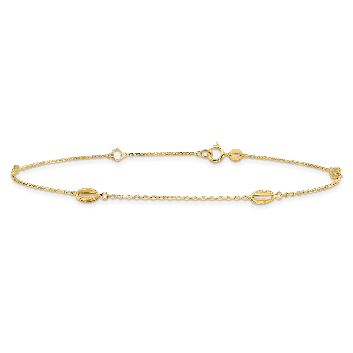 14K Yellow Gold Polished Oval Charm Anklet, 9 inch + 1 inch Extension fine designer jewelry for men and women