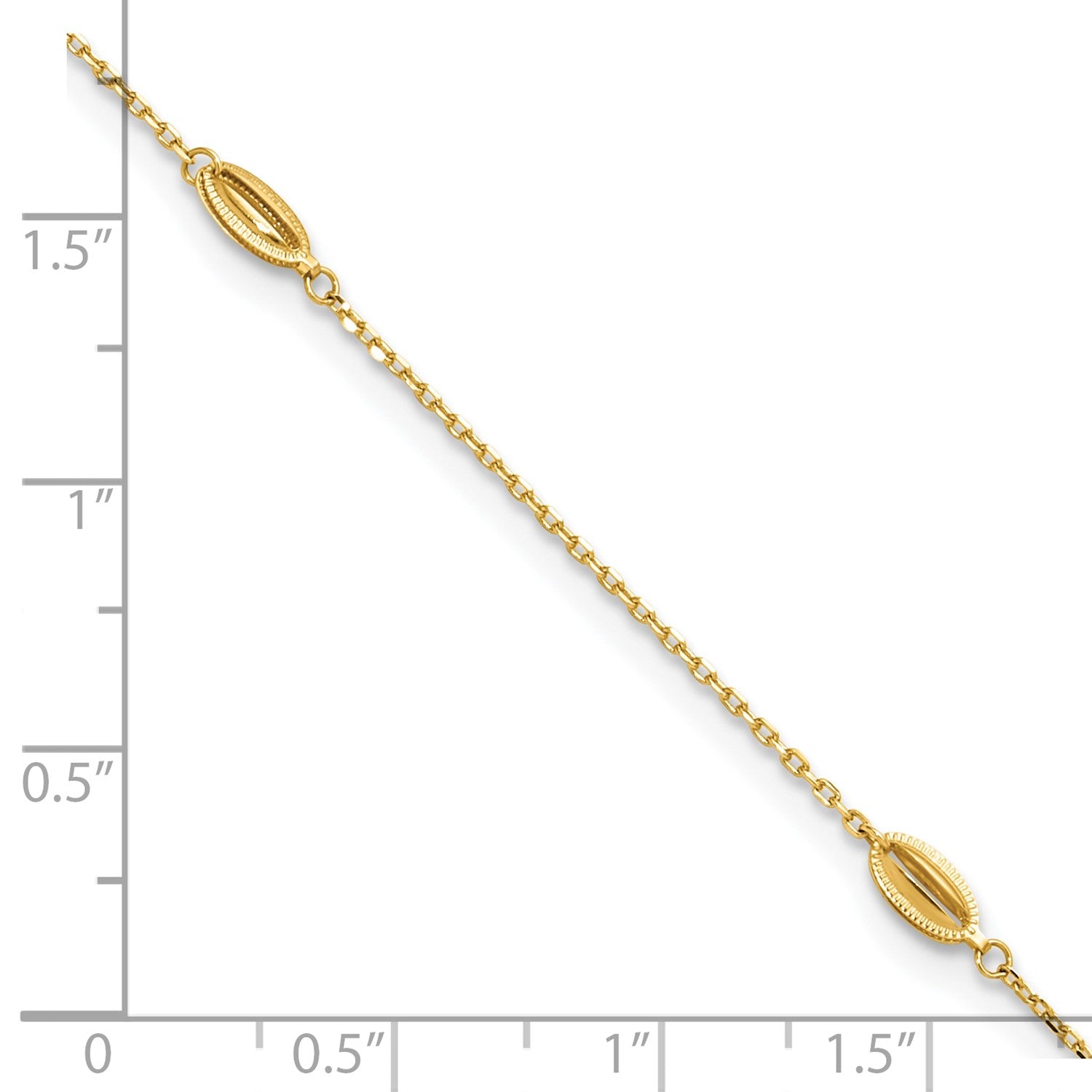 14K Yellow Gold Polished Oval Charm Anklet, 9 inch + 1 inch Extension fine designer jewelry for men and women