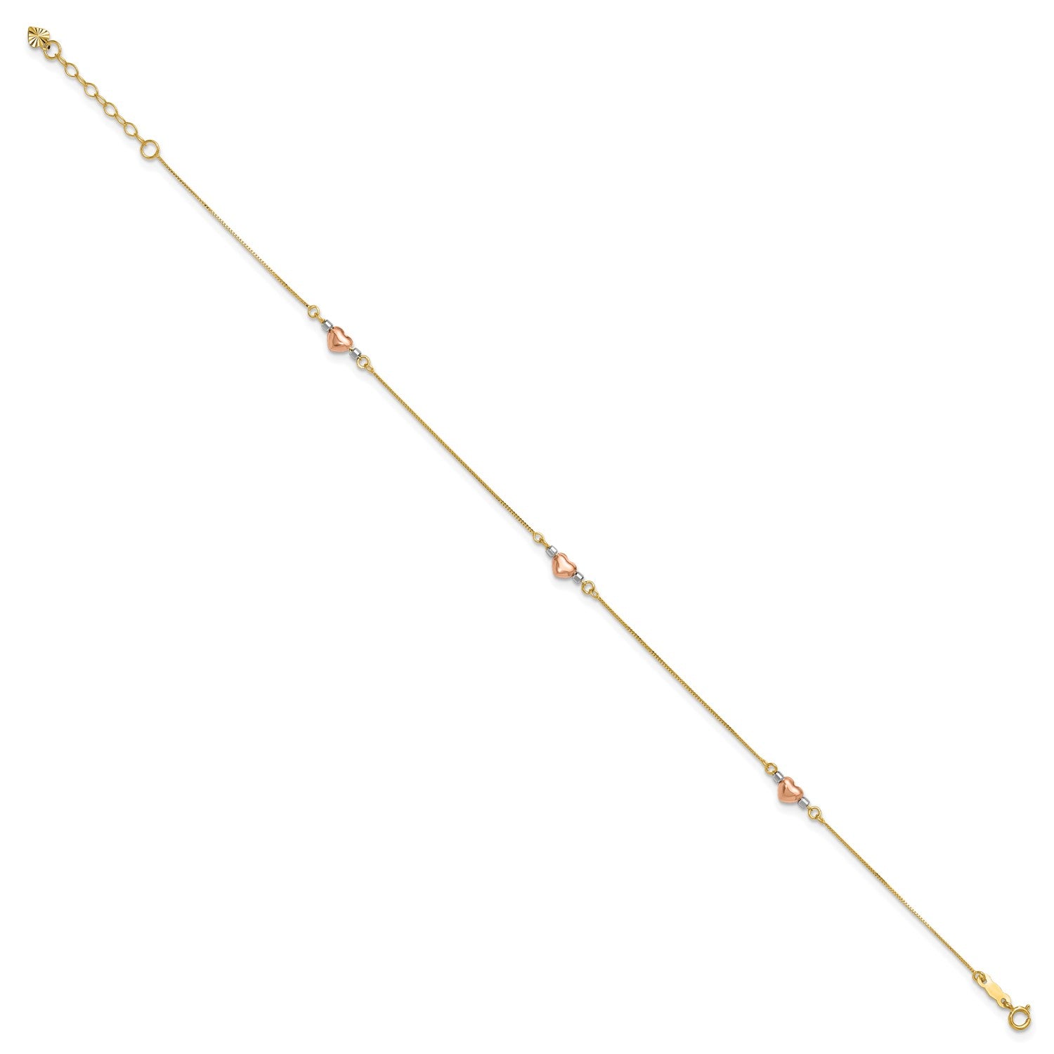 14k Tri-Color Gold Puffed Heart Charms Anklet, Adjustable 9" to 10" fine designer jewelry for men and women