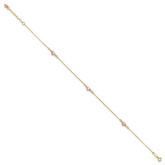 14k Tri-Color Gold Puffed Heart Charms Anklet, Adjustable 9" to 10" fine designer jewelry for men and women