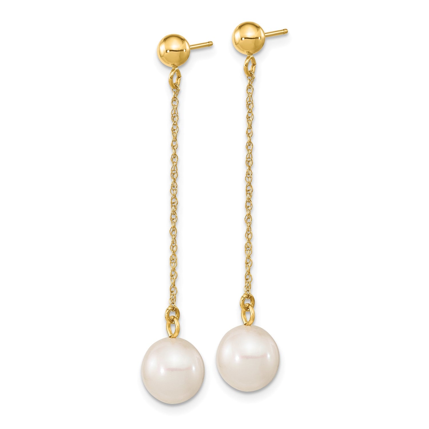 14k Real Yellow Gold Fresh Water Cultured Round Pearl Dangle Post Earrings, 46mm Length fine designer jewelry for men and women