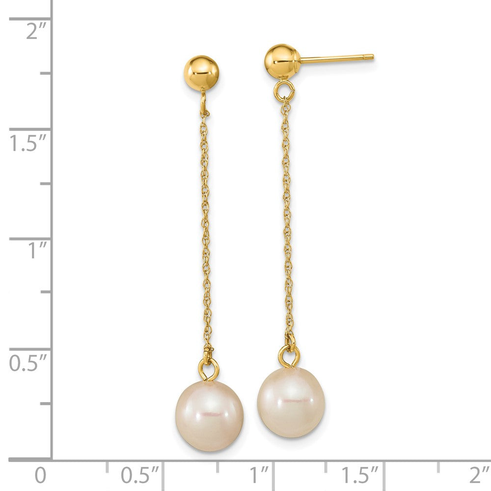 14k Real Yellow Gold Fresh Water Cultured Round Pearl Dangle Post Earrings, 46mm Length fine designer jewelry for men and women