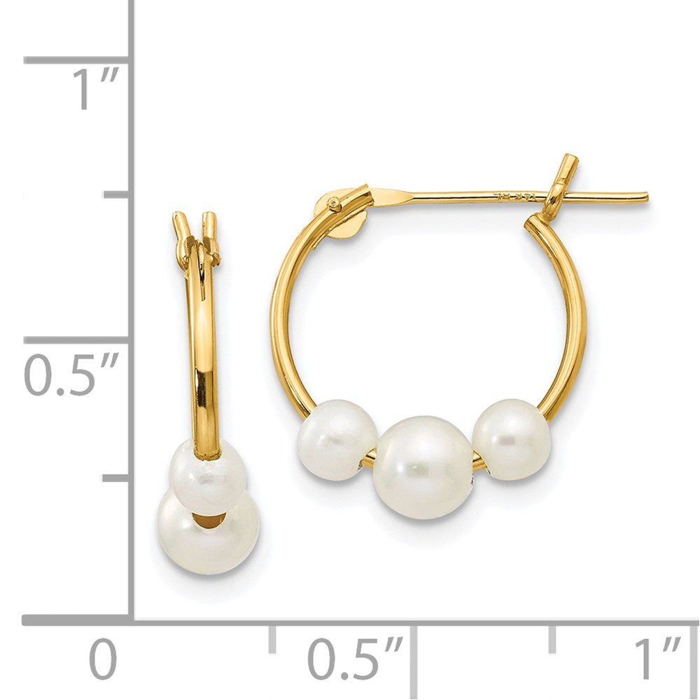 14k Real Yellow Gold and White Semi Round Freshwater Cultured 3 Pearl Hoop Earrings, 15mm fine designer jewelry for men and women