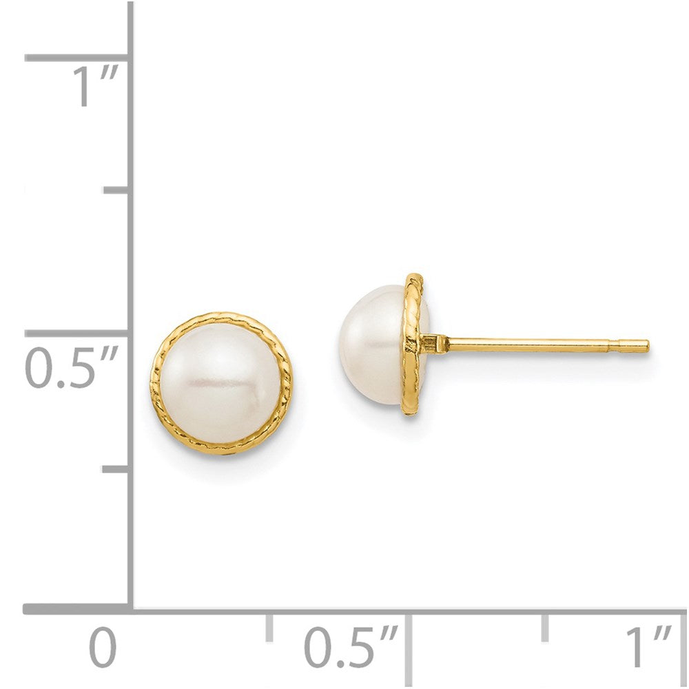 14k Real Yellow Gold 6mm White Button Freshwater Cultured Pearl Stud Earrings fine designer jewelry for men and women