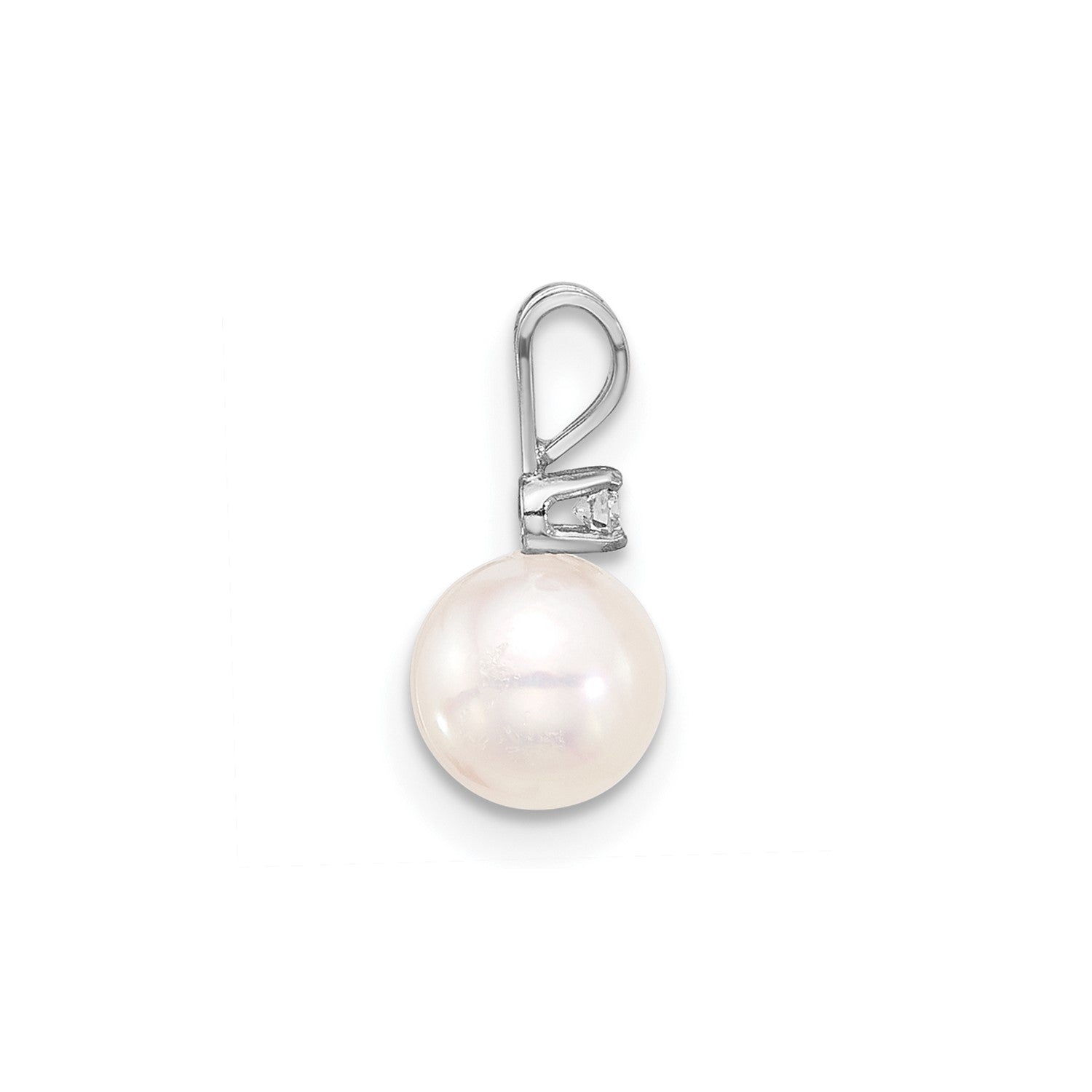 14K White 7mm Round White Akoya Pearl and .03ct Diamond Pendant fine designer jewelry for men and women