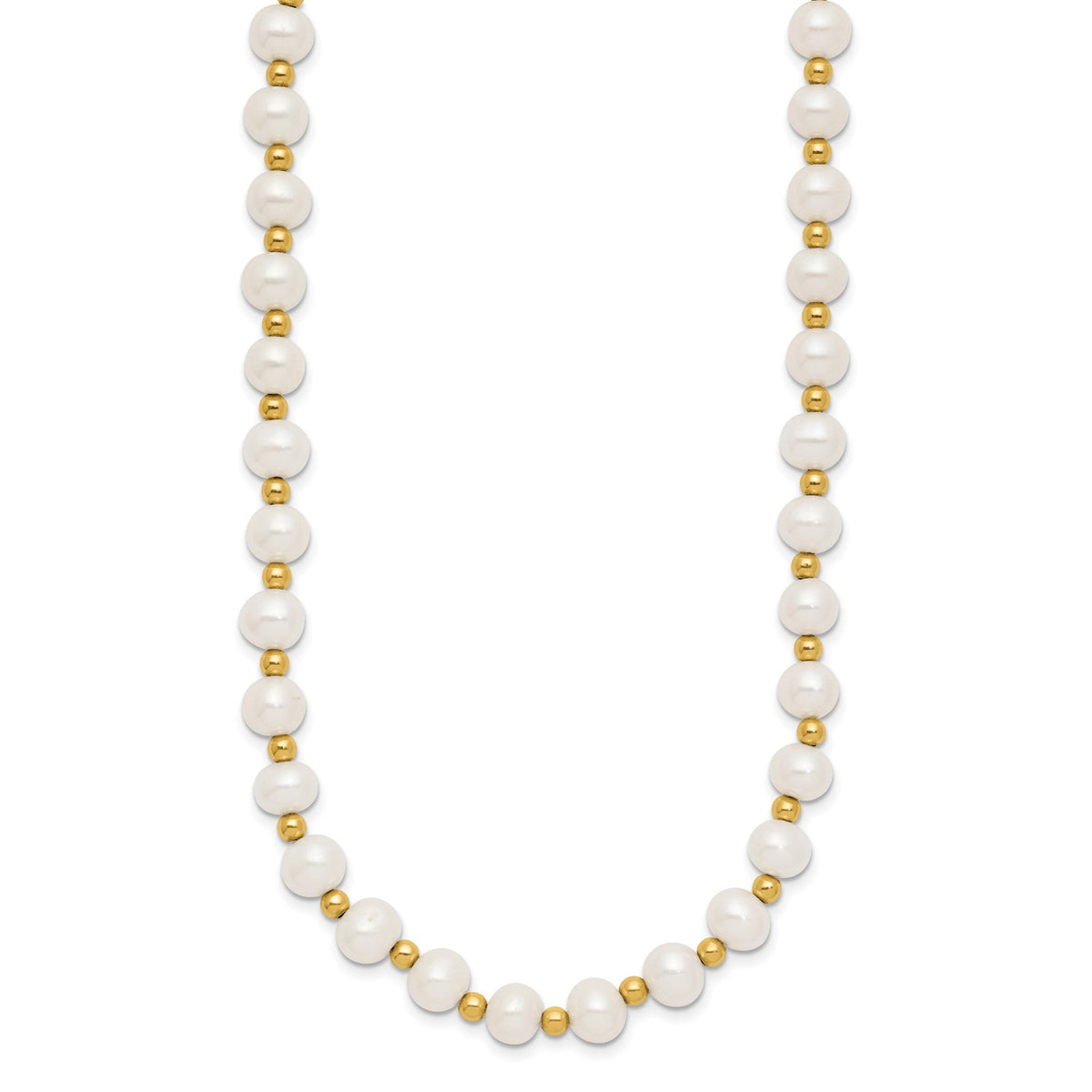 14K Real Yellow Gold 6-7mm White Near Round FW Cultured Pearl Bead Necklace fine designer jewelry for men and women