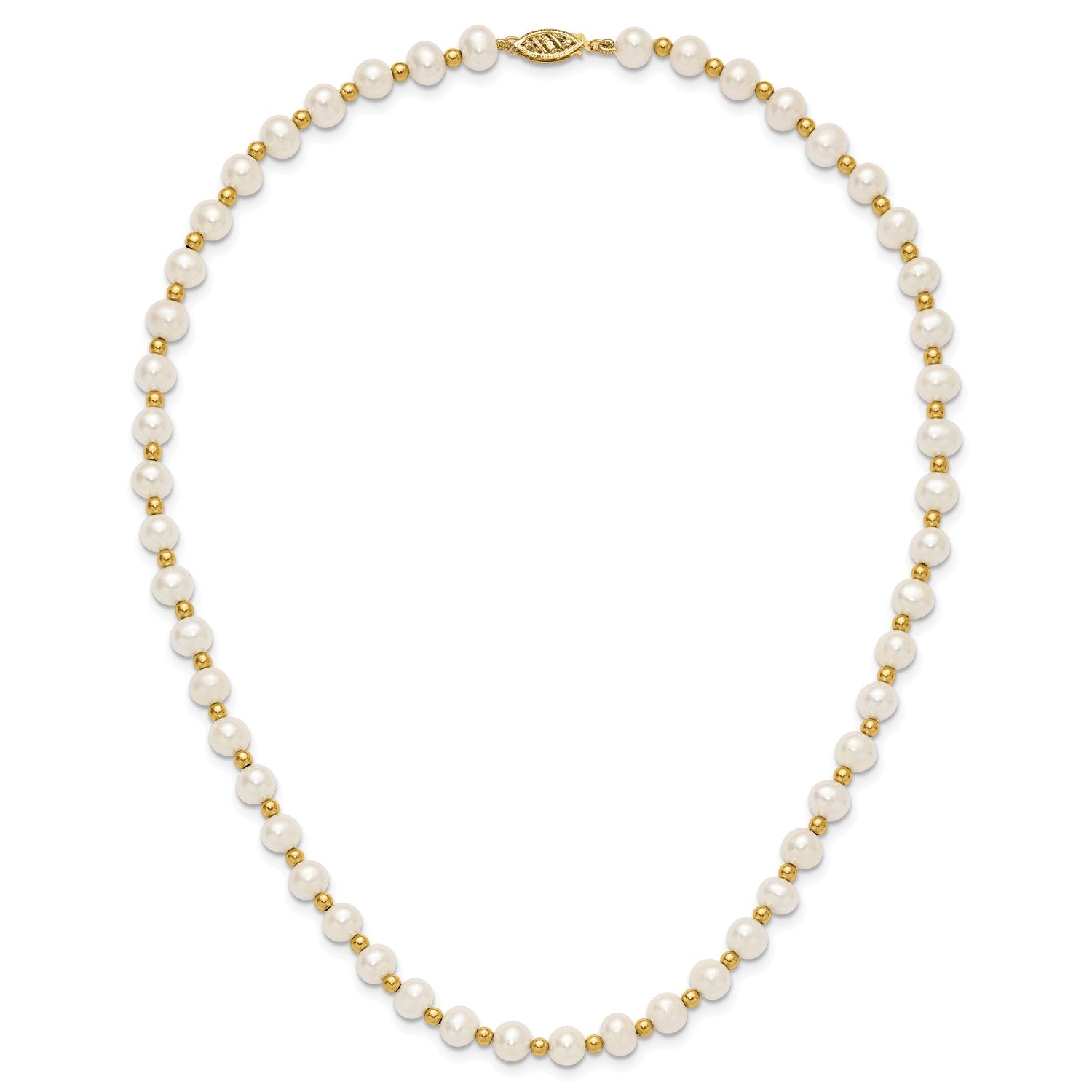 14K Real Yellow Gold 6-7mm White Near Round FW Cultured Pearl Bead Necklace fine designer jewelry for men and women