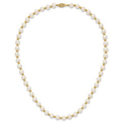 14K Real Yellow Gold 6-7mm White Near Round FW Cultured Pearl Bead Necklace fine designer jewelry for men and women