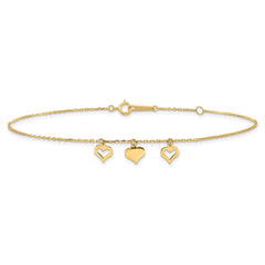 14k Real Yellow Gold 3 Heart Charm 9" to 10" Adjustable Anklet fine designer jewelry for men and women