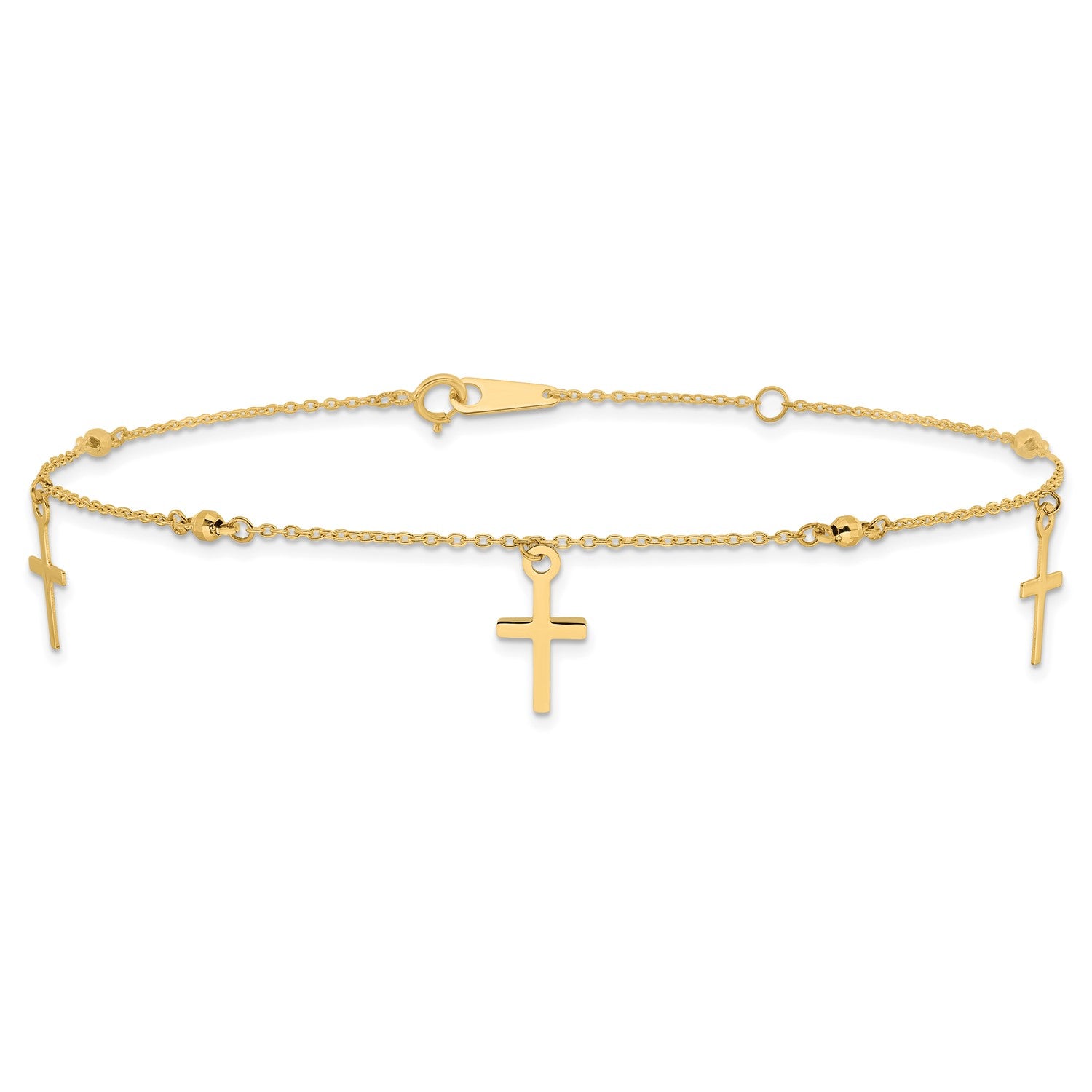 14k Real Yellow Gold High Polished and Diamond-cut Cross Anklet, 9" to 11" Adjustable fine designer jewelry for men and women