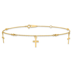 14k Real Yellow Gold High Polished and Diamond-cut Cross Anklet, 9" to 11" Adjustable fine designer jewelry for men and women