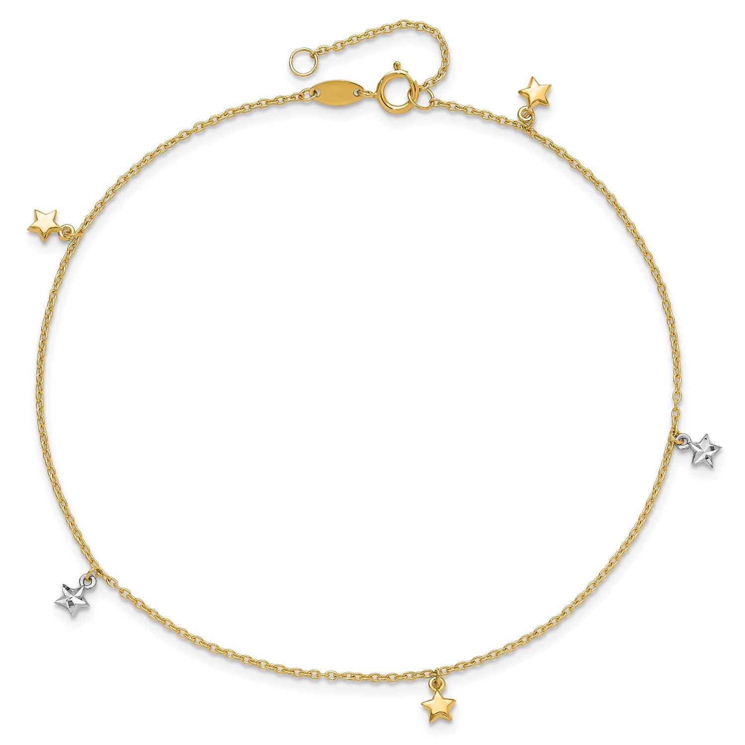 14K Two-tone Solid Gold High Polished Diamond-cut Star Charm Adjustable Anklet.,10" fine designer jewelry for men and women