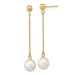 14k Real Yellow Gold Fresh Water Cultured Round Pearl Dangle Post Earrings, 46mm Length fine designer jewelry for men and women