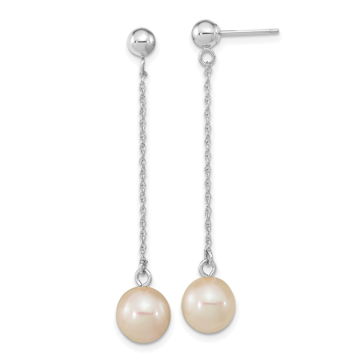 14k Real White Gold Fresh Water Round Pearl Dangle Post Earrings, 46mm Length fine designer jewelry for men and women