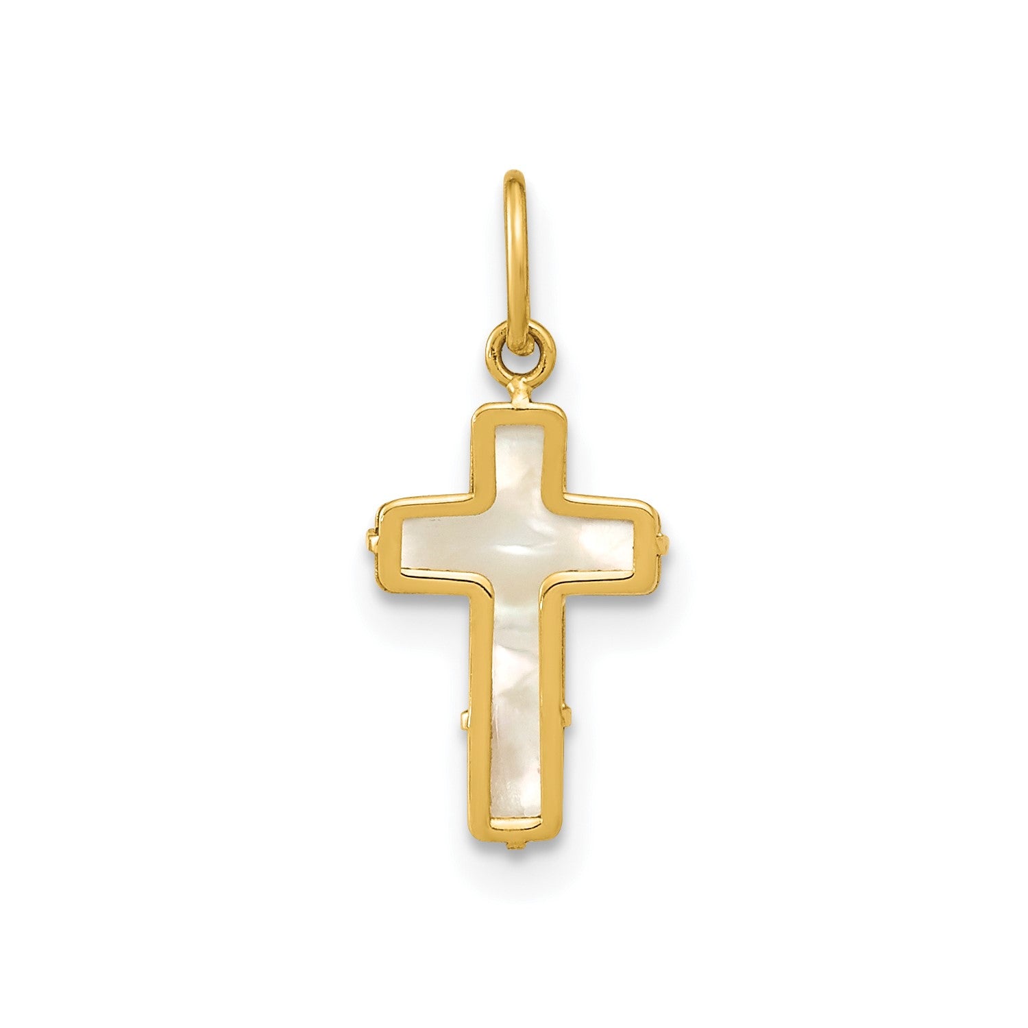 14K Real Yellow Gold High Polished Mother of Pearl Cross Pendant, 12x8mm fine designer jewelry for men and women