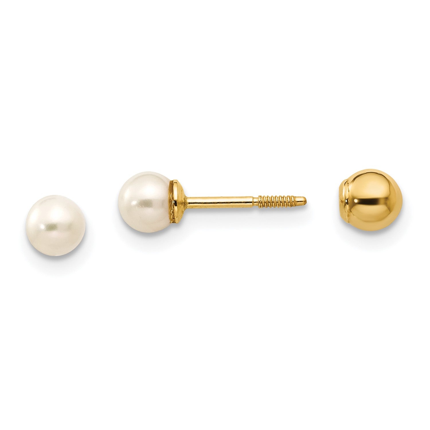 14k Real Yellow Gold Reversible 3.75-4mm FW Cultured Pearl and Gold Bead Earrings fine designer jewelry for men and women