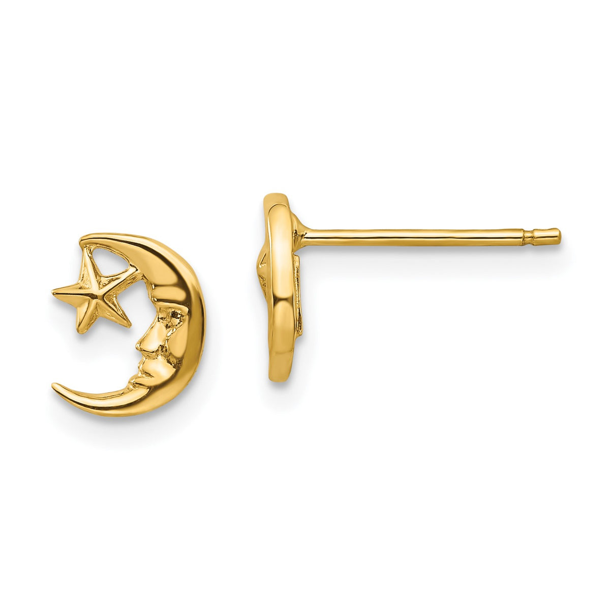 14k Yellow Real Gold Moon and Star Post Stud Earrings fine designer jewelry for men and women