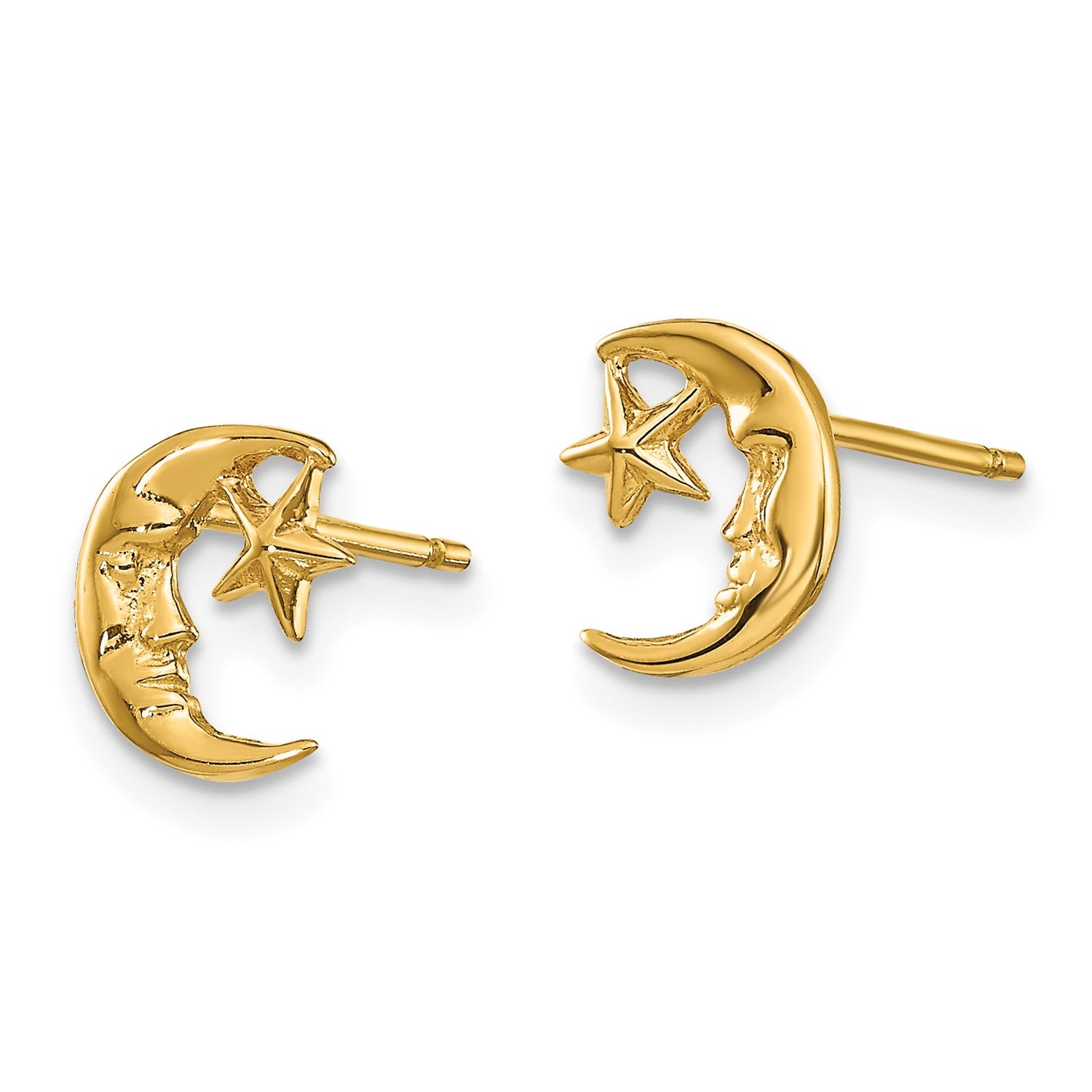 14k Yellow Real Gold Moon and Star Post Stud Earrings fine designer jewelry for men and women