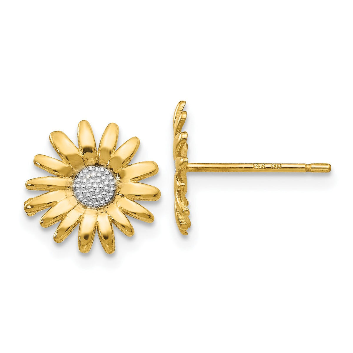 14K Yellow Real Solid Gold Daisy Flower Stud Earrings, 10mm Diameter fine designer jewelry for men and women