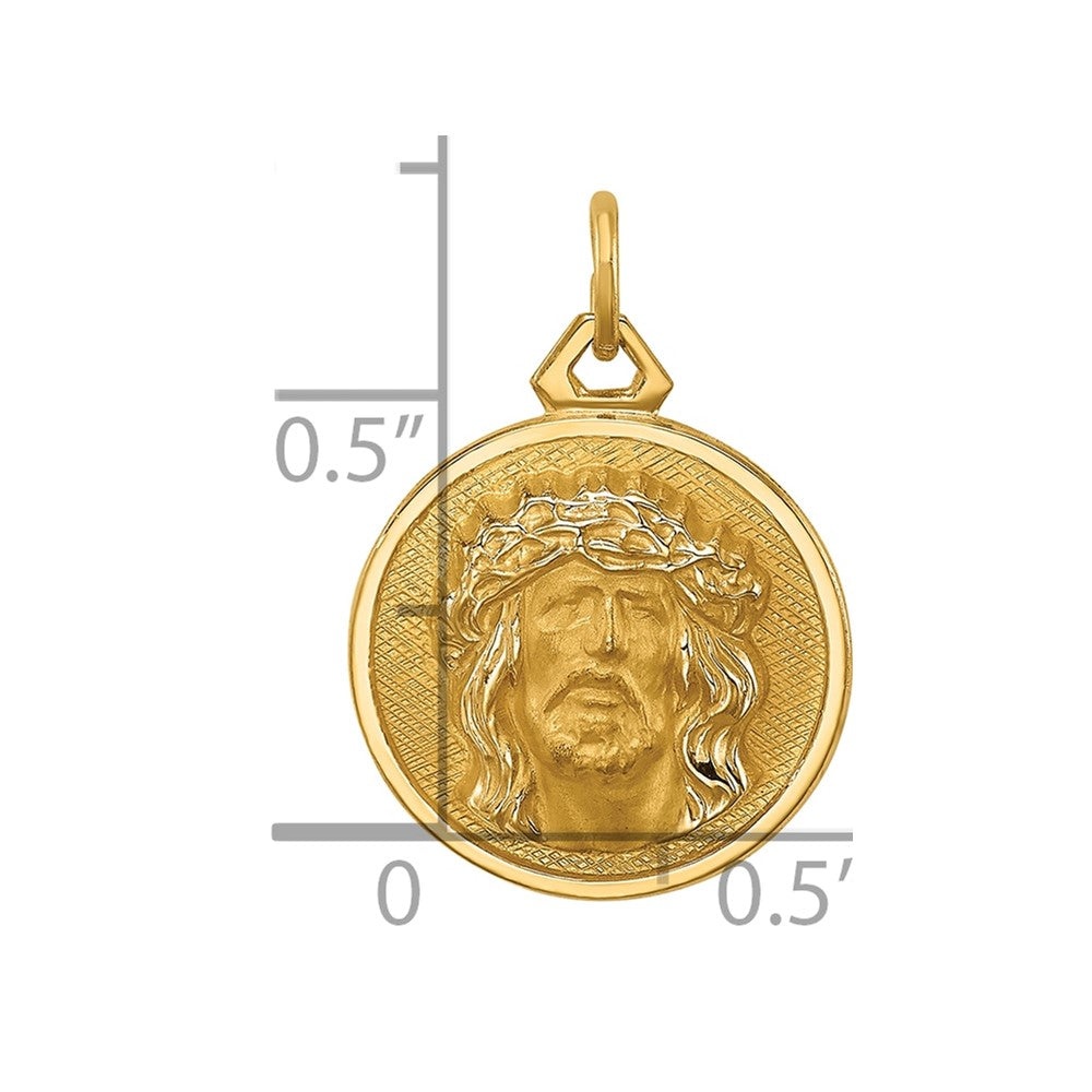 14k Real Yellow Gold Polished and Satin Small Round Jesus Medal Pendant, 0.5 Inch Diameter fine designer jewelry for men and women