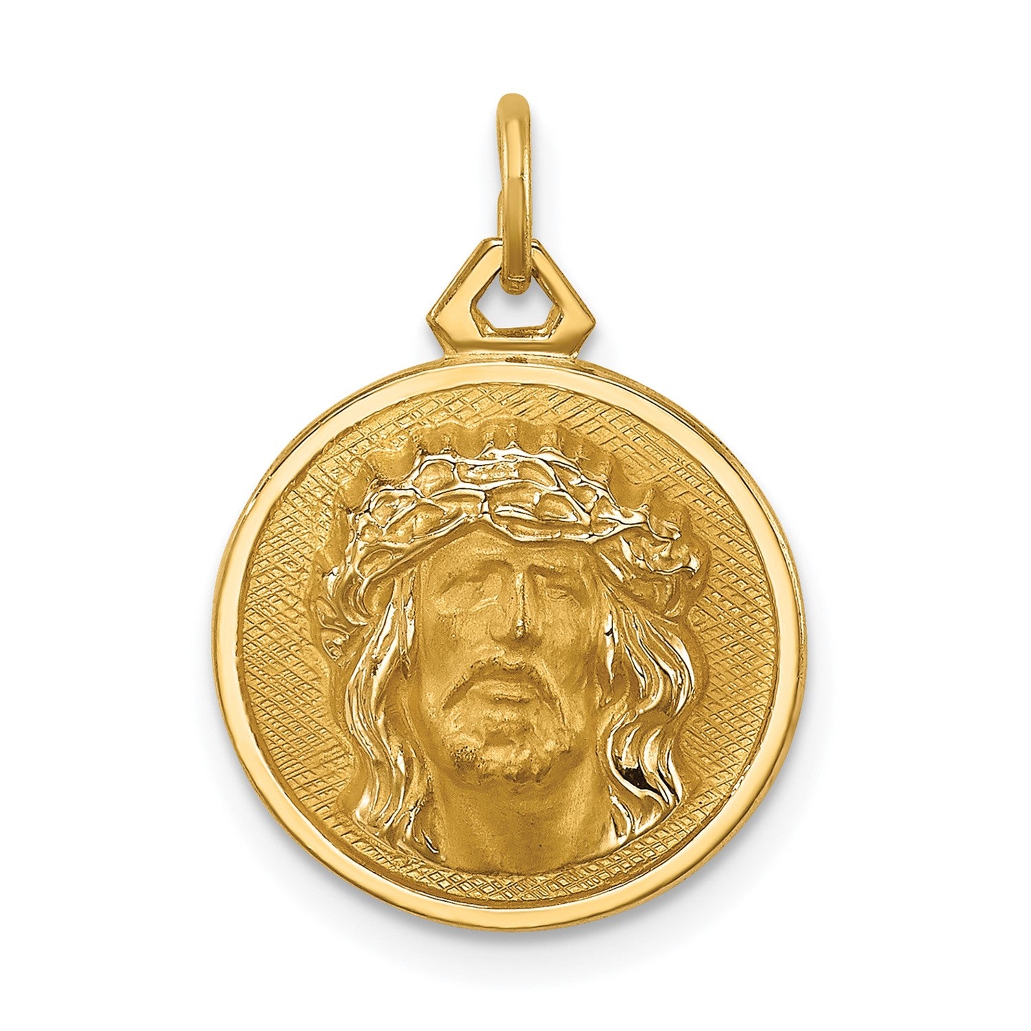 14k Real Yellow Gold Polished and Satin Small Round Jesus Medal Pendant, 0.5 Inch Diameter fine designer jewelry for men and women